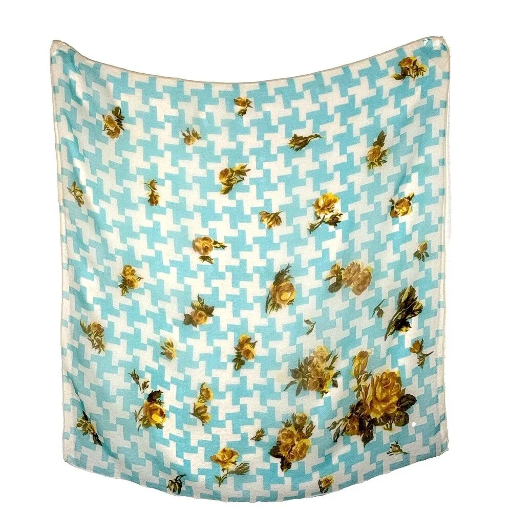 Vintage Pure Silk Chiffon Scarf 23” Aqua Floral Geometric Hand Rolled Japan
